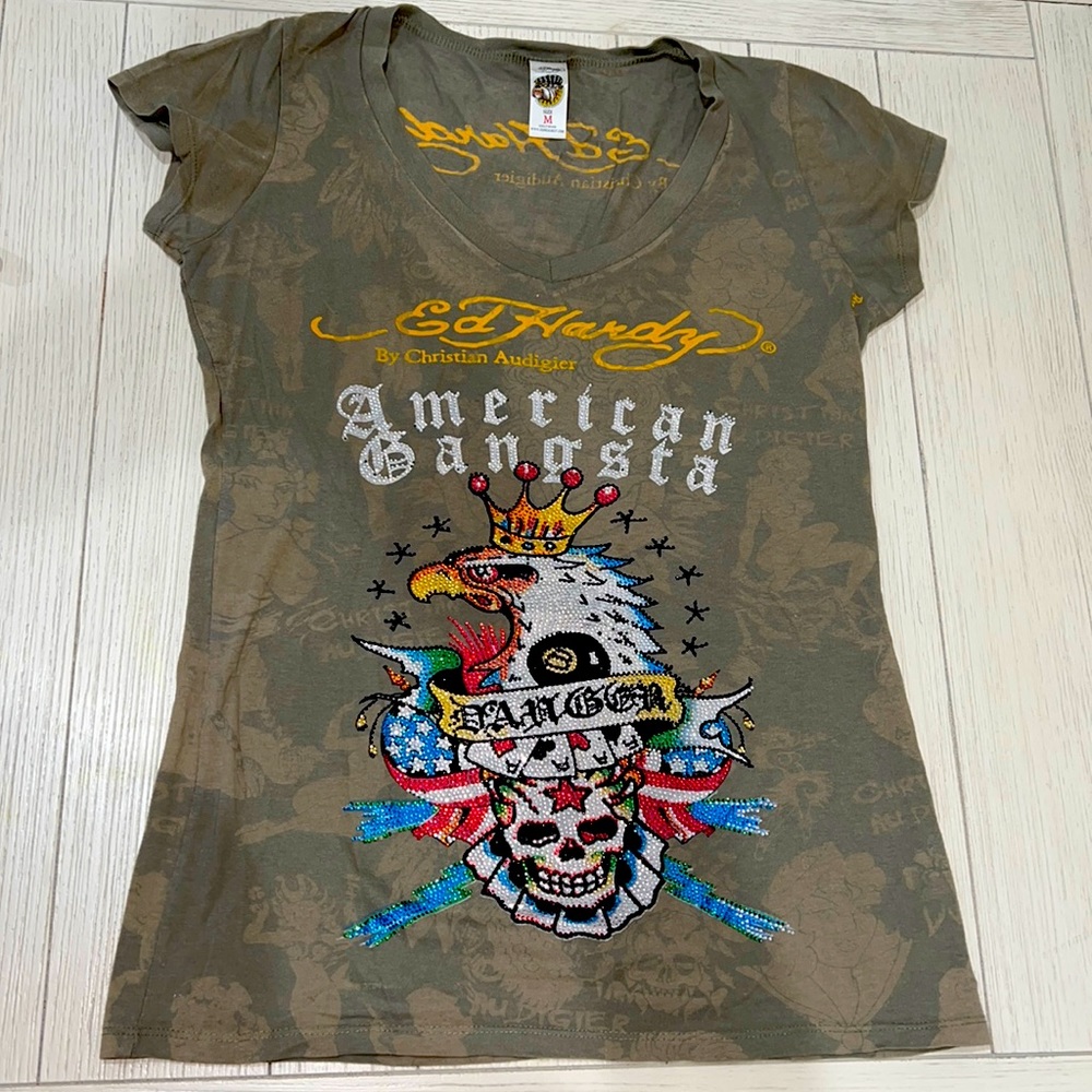 Ed Hardy Christian Audigier American Gangster rhinestone v neck t shirt Rare